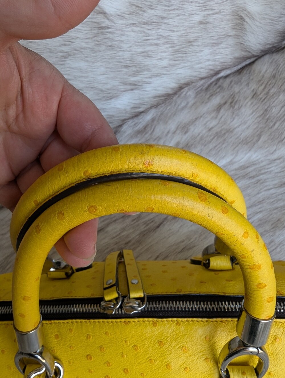 Coccinelle Bright Yellow Ostrich Embossed Convertible Satchel Crossbody Bag - Picture 12 of 14